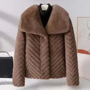 Short Faux Mink Jacket with Chevron Texture and Wide Lapel Collar – Elegant Cold-Weather Coat