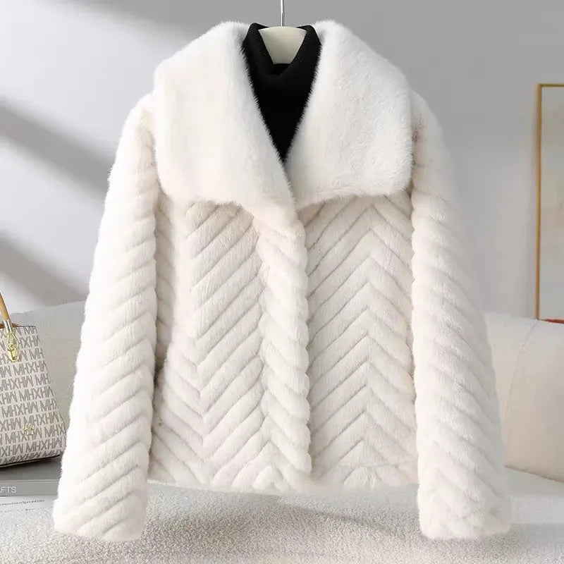 Short Faux Mink Jacket with Chevron Texture and Wide Lapel Collar – Elegant Cold-Weather Coat