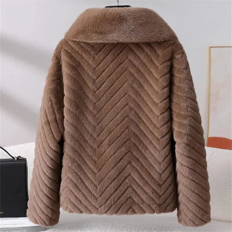 Short Faux Mink Jacket with Chevron Texture and Wide Lapel Collar – Elegant Cold-Weather Coat