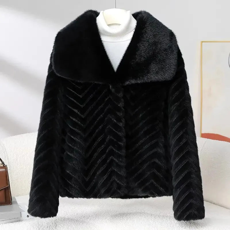 Short Faux Mink Jacket with Chevron Texture and Wide Lapel Collar – Elegant Cold-Weather Coat