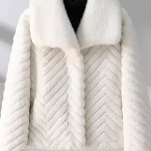 Short Faux Mink Jacket with Chevron Texture and Wide Lapel Collar – Elegant Cold-Weather Coat