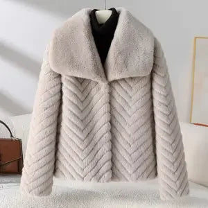 Short Faux Mink Jacket with Chevron Texture and Wide Lapel Collar – Elegant Cold-Weather Coat