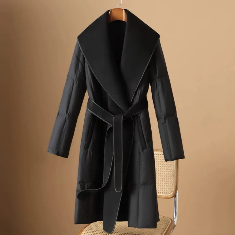 Long Duck Down Coat with Wool Shawl Collar and Self-Tie Belt – Elegant Winter Outerwear