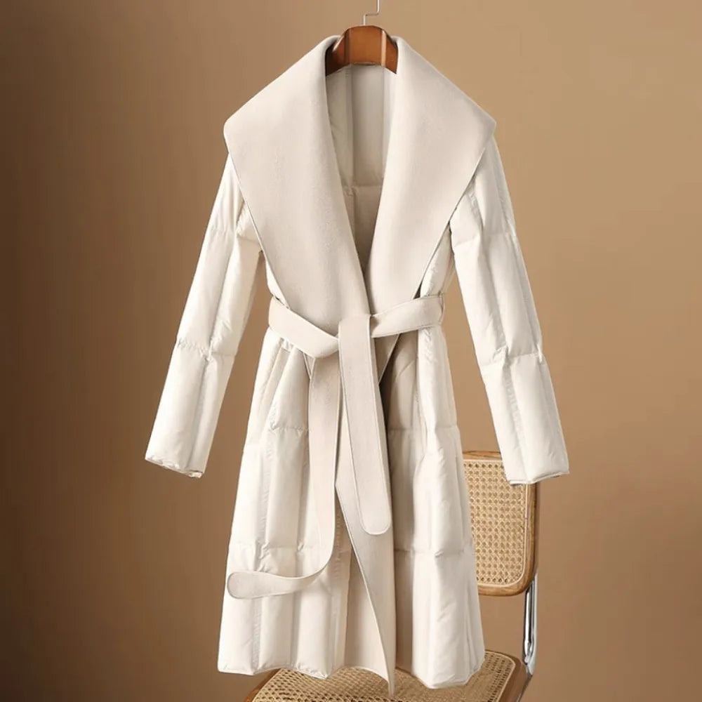 Long Duck Down Coat with Wool Shawl Collar and Self-Tie Belt – Elegant Winter Outerwear