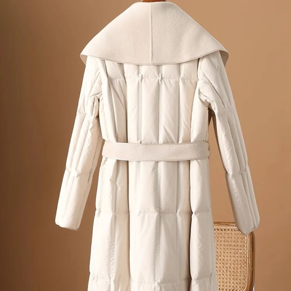 Long Duck Down Coat with Wool Shawl Collar and Self-Tie Belt – Elegant Winter Outerwear