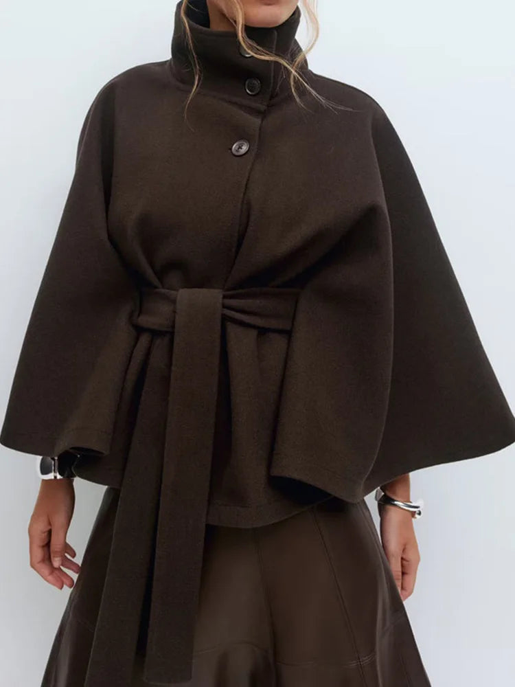 Wool-Blend Cape Coat with Stand Collar and Adjustable Belt – Elegant Tailored Design