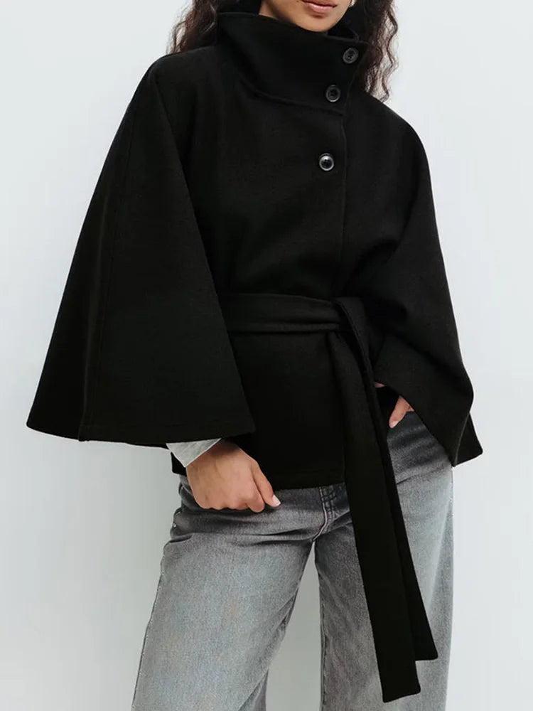 Wool-Blend Cape Coat with Stand Collar and Adjustable Belt – Elegant Tailored Design