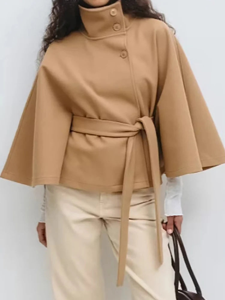 Wool-Blend Cape Coat with Stand Collar and Adjustable Belt – Elegant Tailored Design