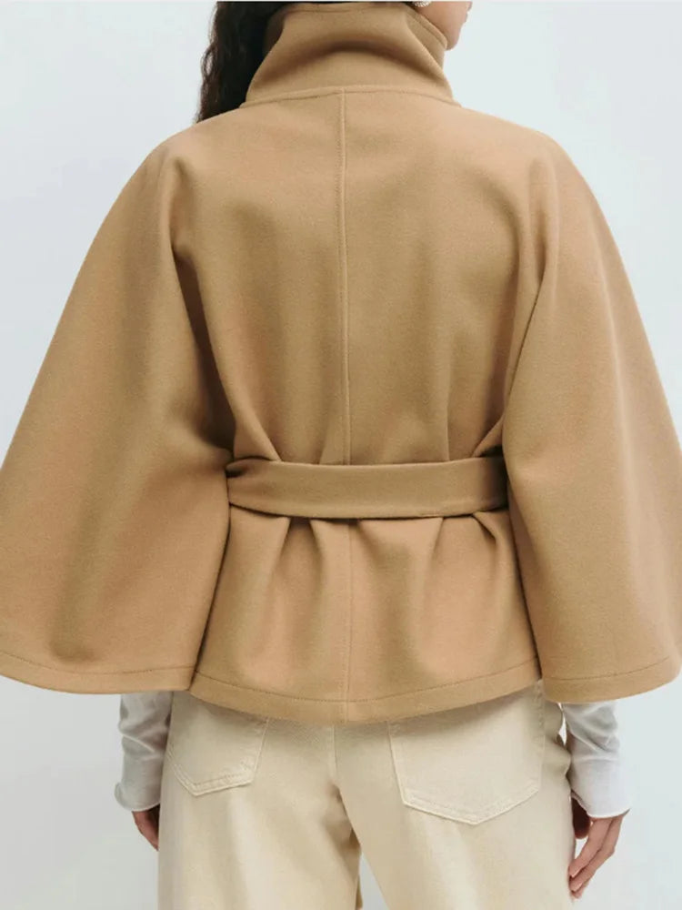 Wool-Blend Cape Coat with Stand Collar and Adjustable Belt – Elegant Tailored Design