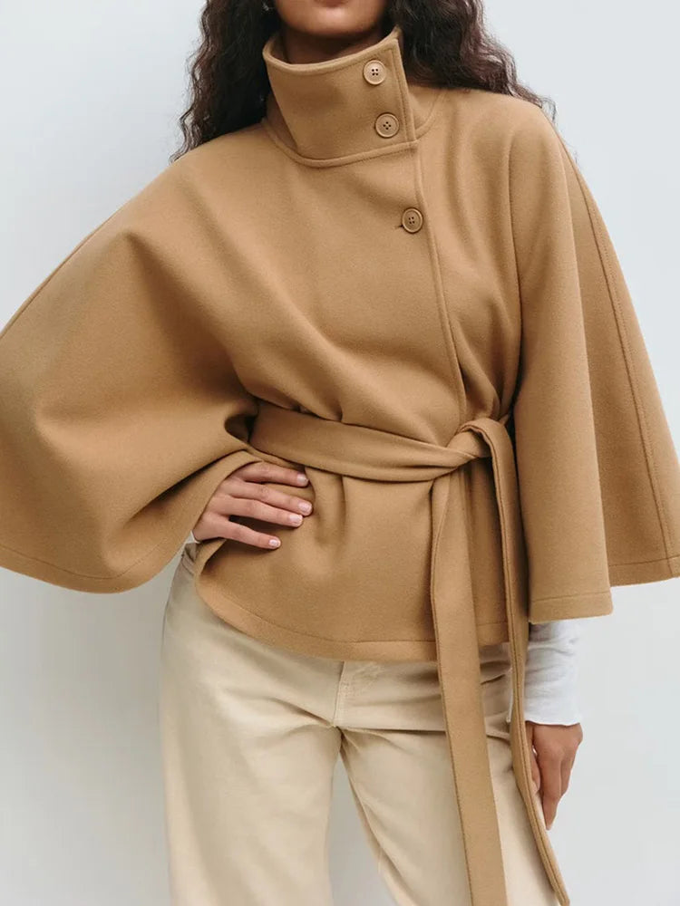 Wool-Blend Cape Coat with Stand Collar and Adjustable Belt – Elegant Tailored Design